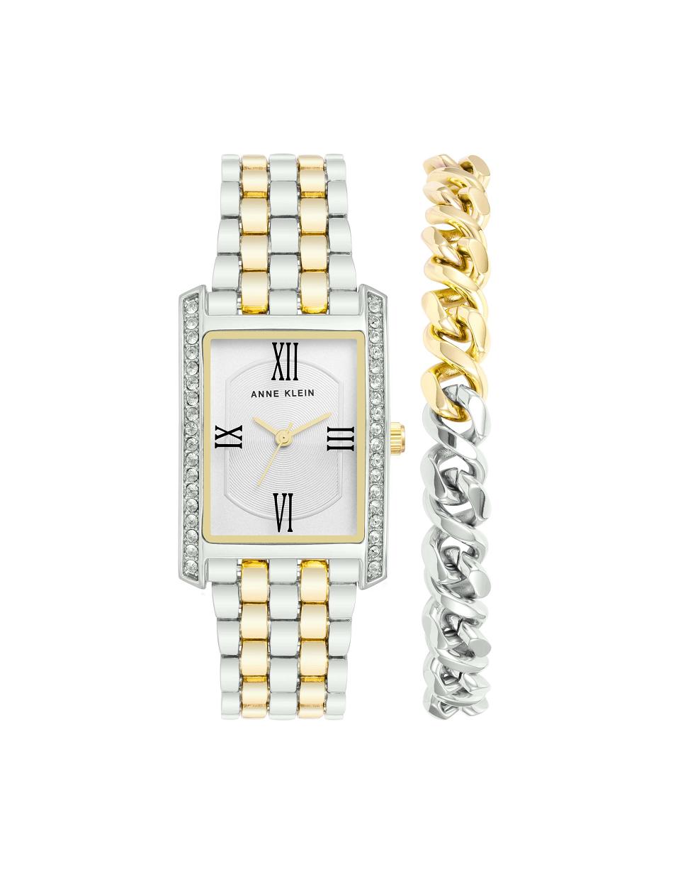 Les métaux Anne Klein Rectangular Crystal Accented Watch Set with Chain Bracelet   | XXB-4805471